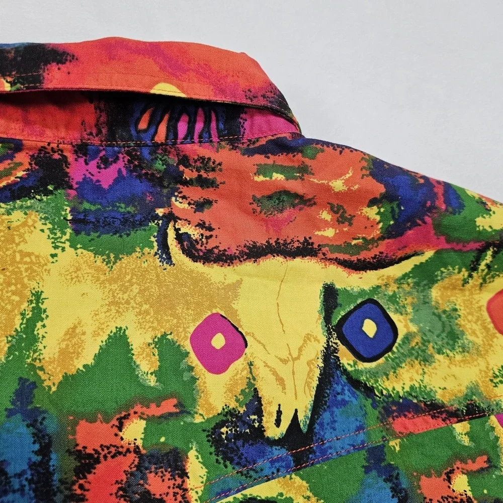Vtg Wrangler Shirt Mens XL Brushpopper Bright Loud Bull Skull Tie Dye Groovy - Picture 10 of 13